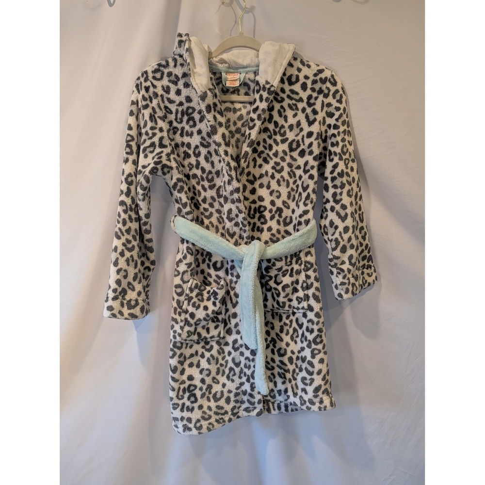 Cat & Jack Kids Leopard Print Hooded Plush Fleece Robe Grey Mint L 10/12